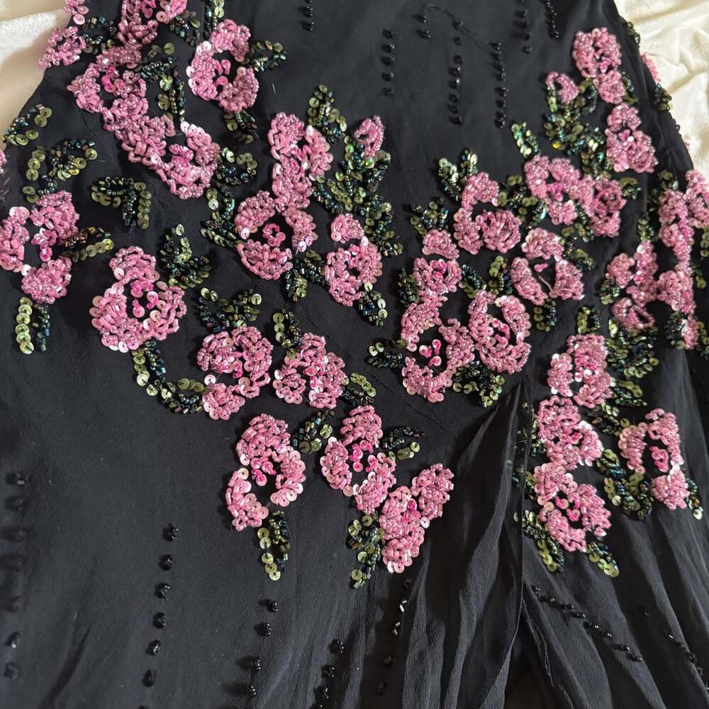 Cartise Couture Black Silk Beaded Floral Embroidered Off-Shoulder Maxi Dress - Picture 4 of 6